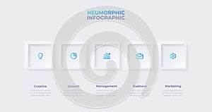 Neumorphic horizontal progress diagram with 5 square elements. Infographic design template