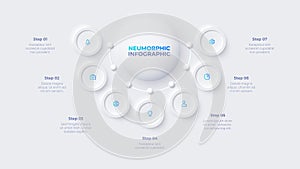 Neumorphic infographic design template. Flowchart diagram with 7 options