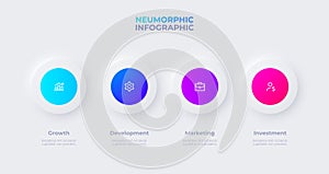 Neumorphic infographic design template. Four circle elements or buttons. Concept of menu with 4 steps or business