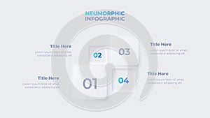 Neumorphic infographic design template. Four square elements. Concept of 4 steps of business data processing