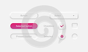 Neumorphic interface buttons set. Neumorphism design elements isolated on gray background. Vector EPS 10