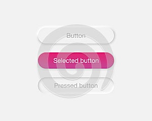 Neumorphic interface buttons set. Selected and pressed button in neumorphism design isolated on gray background. Vector