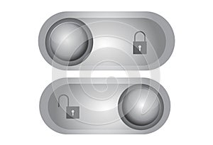 Neumorphic lock and unlock slide buttons set vector illustration. User web interface elements with shadow in Neumorphism minimal