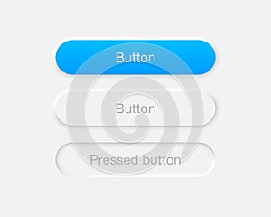 Neumorphic style buttons set. Selected and pressed button in neumorphism design isolated on gray background. Vector EPS