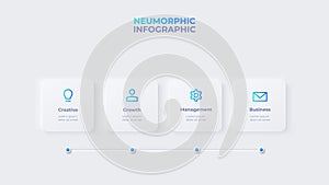 Neumorphic timeline infographic. Skeuomorph concept with 4 options, parts, steps or processes