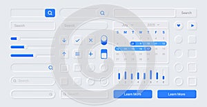 Neumorphic UI kit. Screen buttons. Search forms and icons for web application or infographic. Calendar and indicators