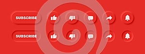 Neumorphic UI UX Design Elements 3D Vector Buttons Like Dislike Comment Share Notifications On Abstract Red Background