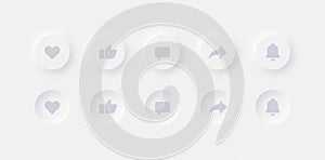 Neumorphic UI UX Design Elements Vector Buttons Like Dislike Comment Share Notifications On Abstract White Background photo