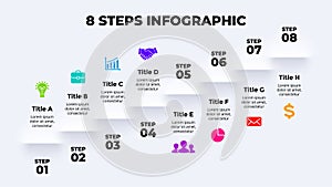 Neumorphic Vector Infographic. Presentation slide template. Shadows stairs. 8 steps up. Neumorphism skeuomorphism ui