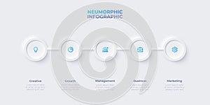 Neumorphism concept of development process with 5 options, steps or processes. Infographic timeline