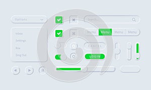 Neumorphism icons. Neumorphic UI UX white user interface web buttons and ui sliders. Vector UI UX kit for mobile applications, web