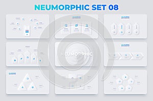 Neumorphism infographics elements set with 3, 4 and 5 options. Arrows, smartphone, cycle and banners diagrams