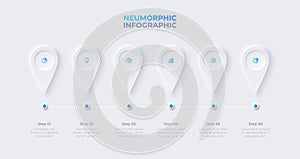 Neumorphism timeline infographic. Process visualization with 6 options, parts or steps