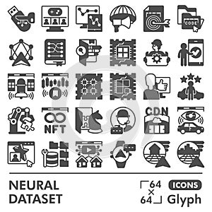 Neural dataset symbols collection or sketches, deep learning theme in glyph style signs for web and app. Vector graphics