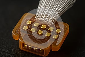 Neural Interface Cable Plug â Macro View with Gold Contacts and Microfibers for Brain-Computer Medical Systems