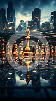 Neural network artistry chess pieces harmonize with skyscrapers in brilliance