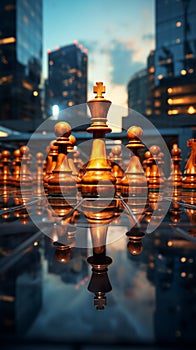 Neural network artistry chess pieces harmonize with skyscrapers in brilliance