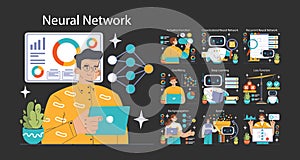 Neural Network dark or night mode set. Machine learning key concepts.