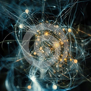 Neural network data exchange with glowing nodes in a digital web