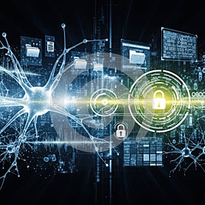 Neural network data security and digital lock concept with futuristic technology background