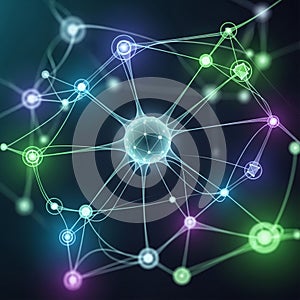 A neural network featuring interconnected nodes and geometric