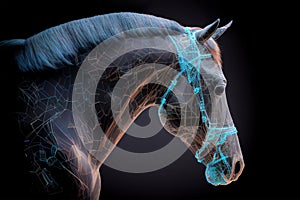 Neural network of a horse with big data and artificial intelligence circuit board in the head of the equine animal, outlining photo