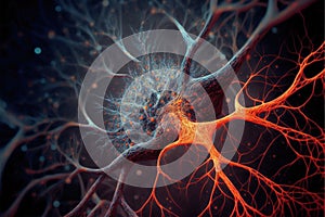 Neural network, macro view of neurons inside brain, illustration, generative AI
