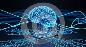 Neural network processing on a microchip, visualizing artificial intelligence and cognitive computing technology.