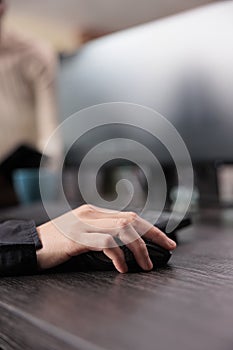 Neural network programmer hand developing artificial intelligence data processor.