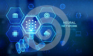 Neural network technology concept. AI. Artificial Intelligence. Machine Learning. Deep learning. Big data analysis. Wireframe hand