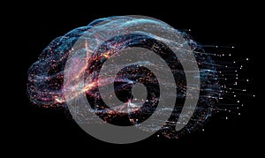 Neural network visualization, abstract brain structure, glowing connections, dark background