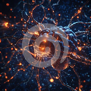 Neural network visualization with glowing brain and synapses