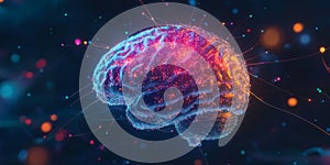 Neural network visualization of a human brain illuminated with vibrant, interconnected nodes in a futuristic, digital