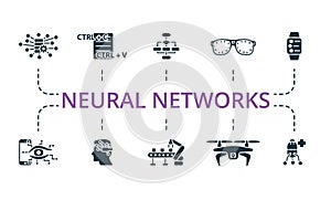 Neural Networks icon set. Monochrome simple Neural Networks icon collection. Big Data, Pattern, Algorithm, Smart Glasses