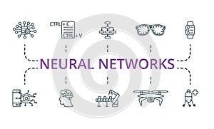 Neural Networks icon set. Monochrome simple Neural Networks icon collection. Big Data, Pattern, Algorithm, Smart Glasses
