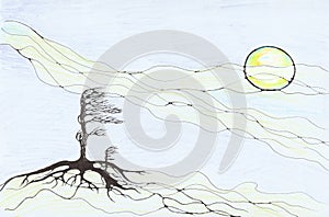 Neuro art graphic concept, abstract tree pencil drawing, art therapy.