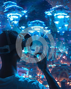 Neuro link users experiencing space tourism virtually exploring an orbital city with augmented cognition photo