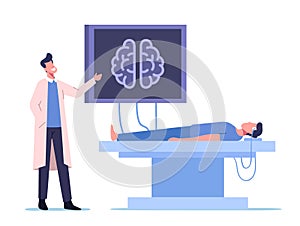 Neurobiology Medicine, Brain Mri. Doctor and Patient Characters in Hospital on Medical Examination with Computer Monitor