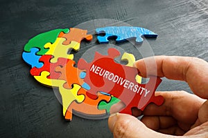 Neurodiversity concept. Brain from a puzzle and a hand holds a piece with an inscription. photo
