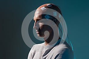 Neurointerface, brain - computer communication. Cyber punk concept