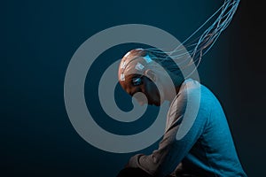 Neurointerface, brain - computer communication. Cyberpunk concept