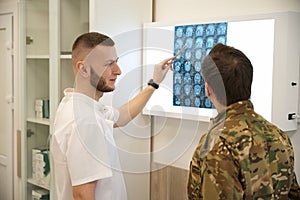 Neurologist interpreting head magnetic resonance imaging to military patient