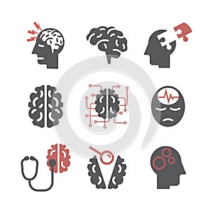 Neurology Center. Clinic icons. Brain signs. Vector illustration