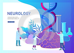 Neurology genetics concept. Flat style little people doctors medical team working, constructing DNA, researching