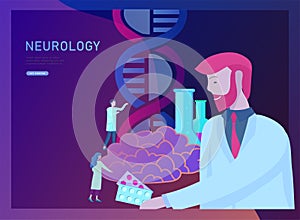 Neurology genetics concept. Flat style little people doctors medical team working, constructing DNA, researching