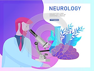 Neurology genetics concept. Flat style little people doctors medical team working, constructing DNA, researching