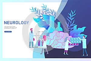 Neurology genetics concept. Flat style little people doctors medical team working, constructing DNA, researching