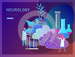 Neurology genetics concept. Flat style little people doctors medical team working, constructing DNA, researching