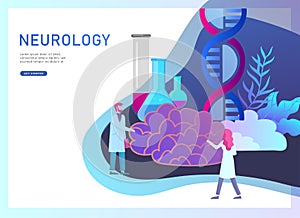 Neurology genetics concept. Flat style little people doctors medical team working, constructing DNA, researching