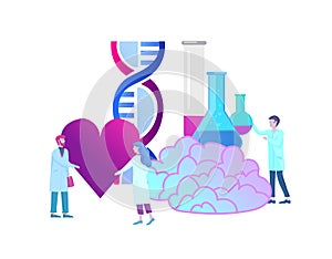 Neurology genetics concept. Flat style little people doctors medical team working, constructing DNA, researching